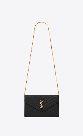 SAINT LAURENT Mini sacs Enveloppe Femme portefeuille à chaîne en cuir matelassé texturé noir a_V4
